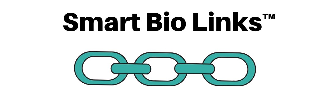 White background with black lettering that says, Smart Bio Links with a set of three interlocked chain links in teal color