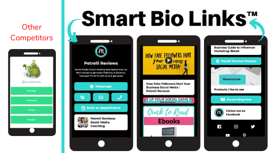 Four black phone screens showing the comparision of instagram bio linking products, smart bio links demo pictures