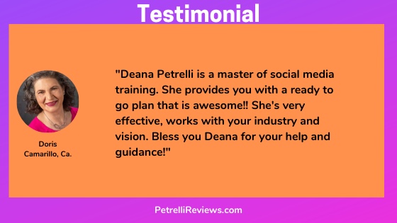 Client social media course testimonial for PetrelliReviews.com