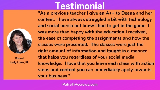 Client social media course testimonial for PetrelliReviews.com